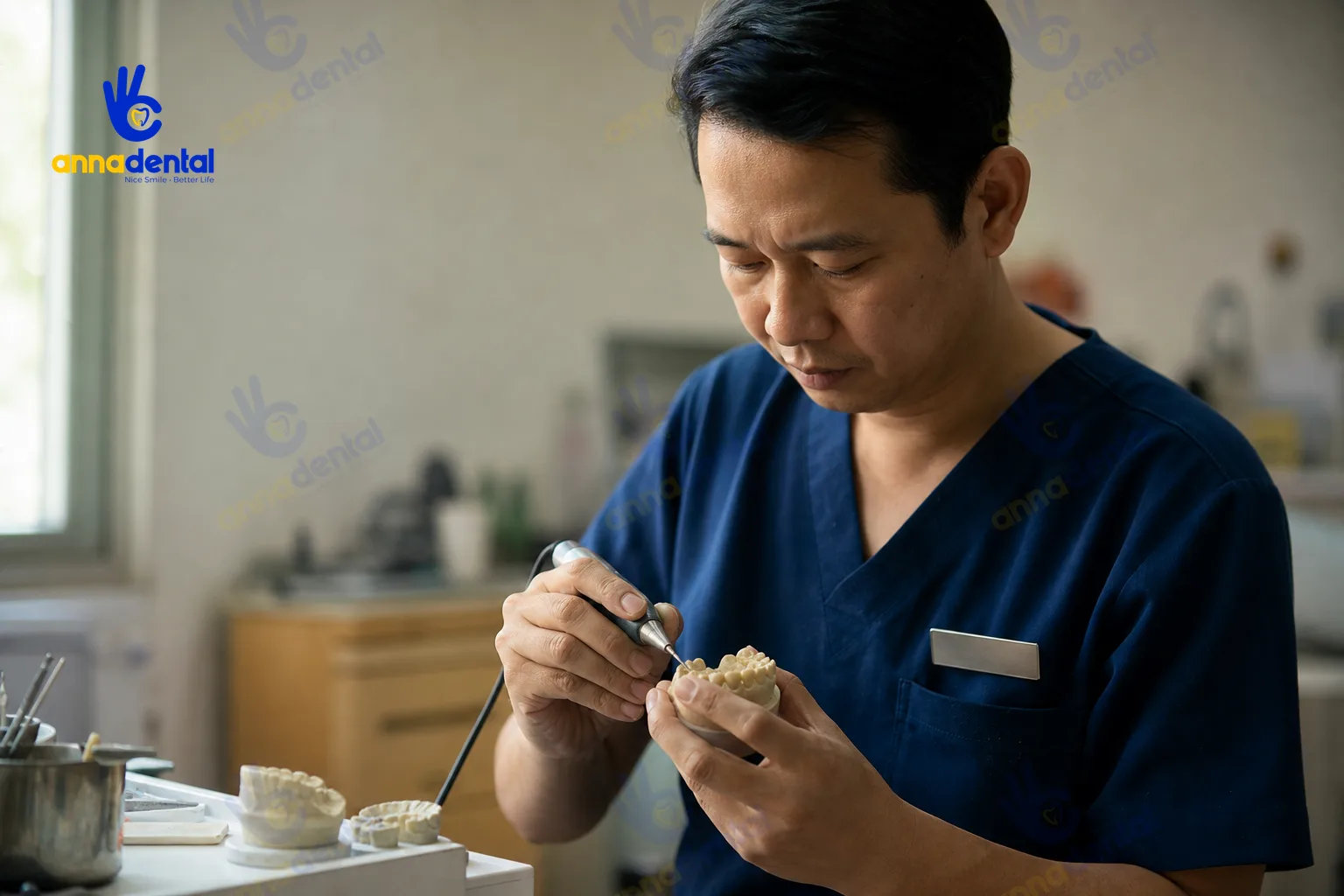 Bác sĩ Việt Nam đang thao tác tháo mão răng sứ trên mẫu trong phòng khám