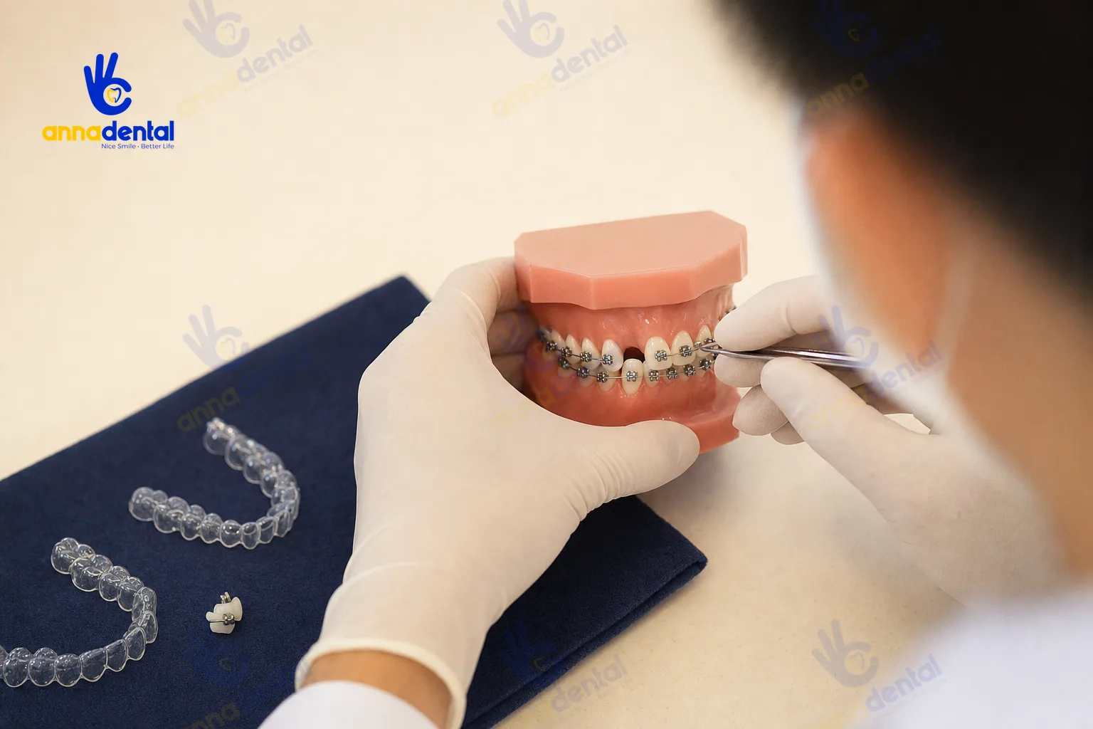 Bác sĩ thao tác trên mẫu niềng răng chỉnh hô móm lệch