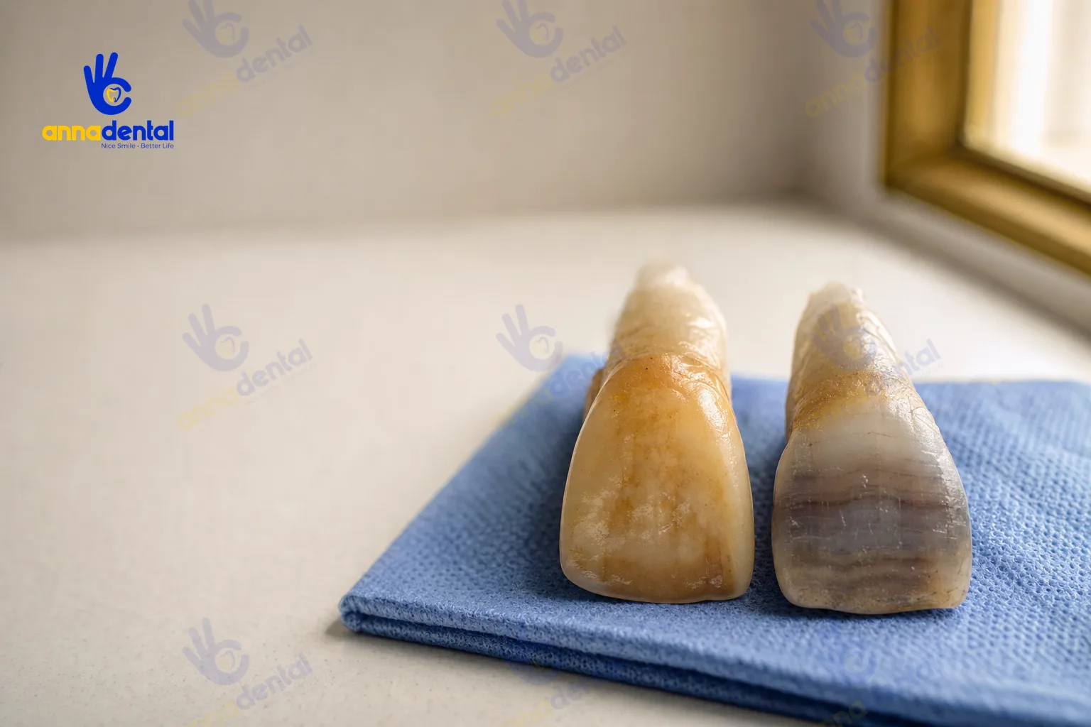 Hai răng thật so sánh ố vàng ngoại lai và nhiễm màu kháng sinh