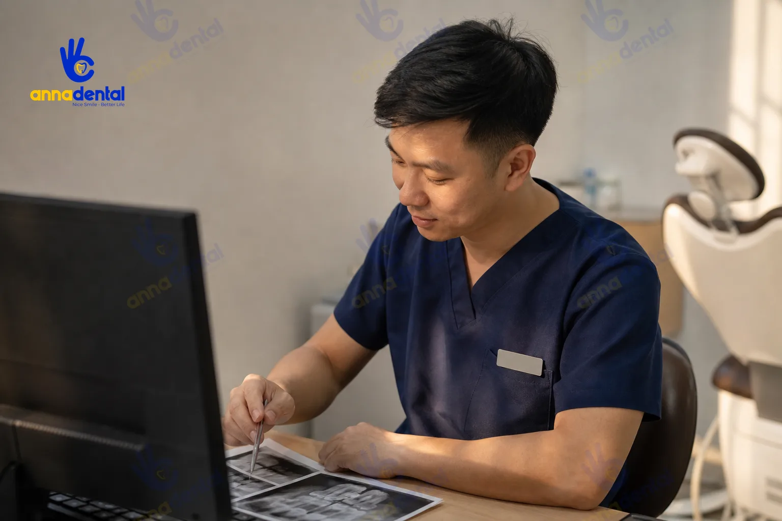 Bác sĩ nha khoa Việt Nam đang xem X-quang để phát hiện sâu kẽ răng