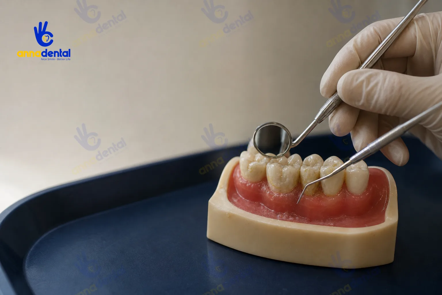Cận cảnh mảng bám răng và đốm trắng mất khoáng trên răng giả