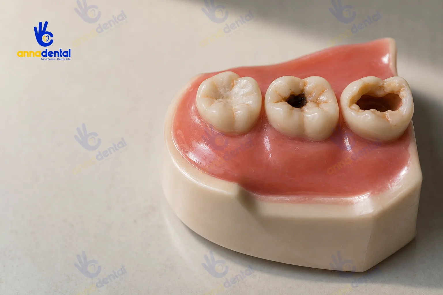 Mô hình răng sữa với ba giai đoạn sâu rõ rệt