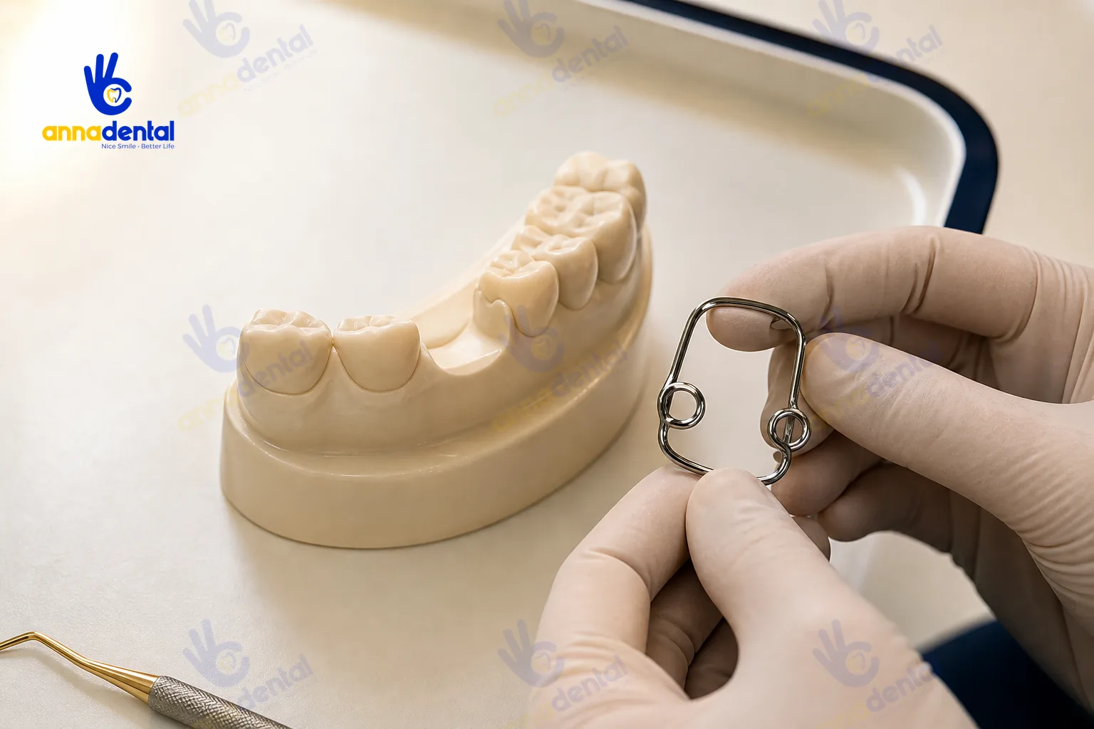Tay bác sĩ cầm khí cụ giữ khoảng và mô hình răng sữa mất răng