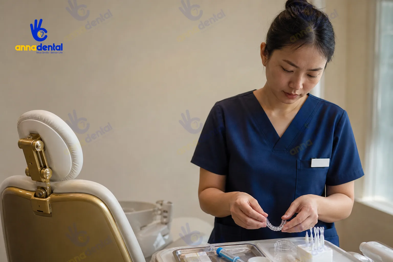 Bác sĩ chuẩn bị khay và vật liệu tẩy trắng răng, ánh sáng chiều nhẹ nhàng