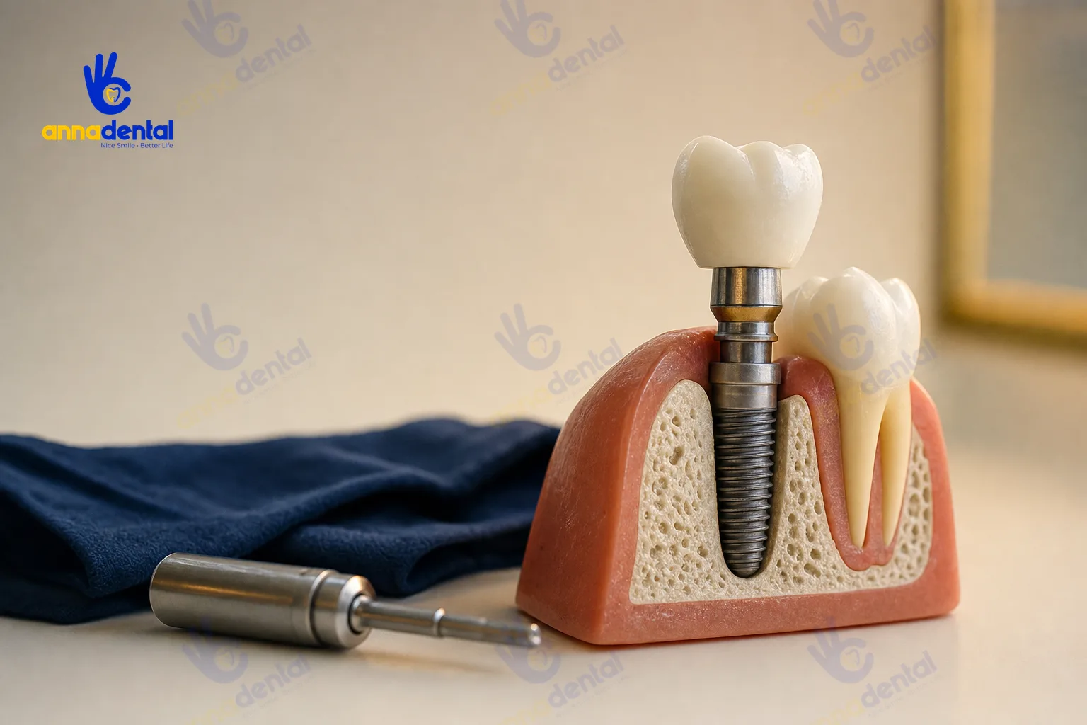 Mô hình trụ Implant đặt trong xương hàm cạnh vùng xương tiêu nhiều