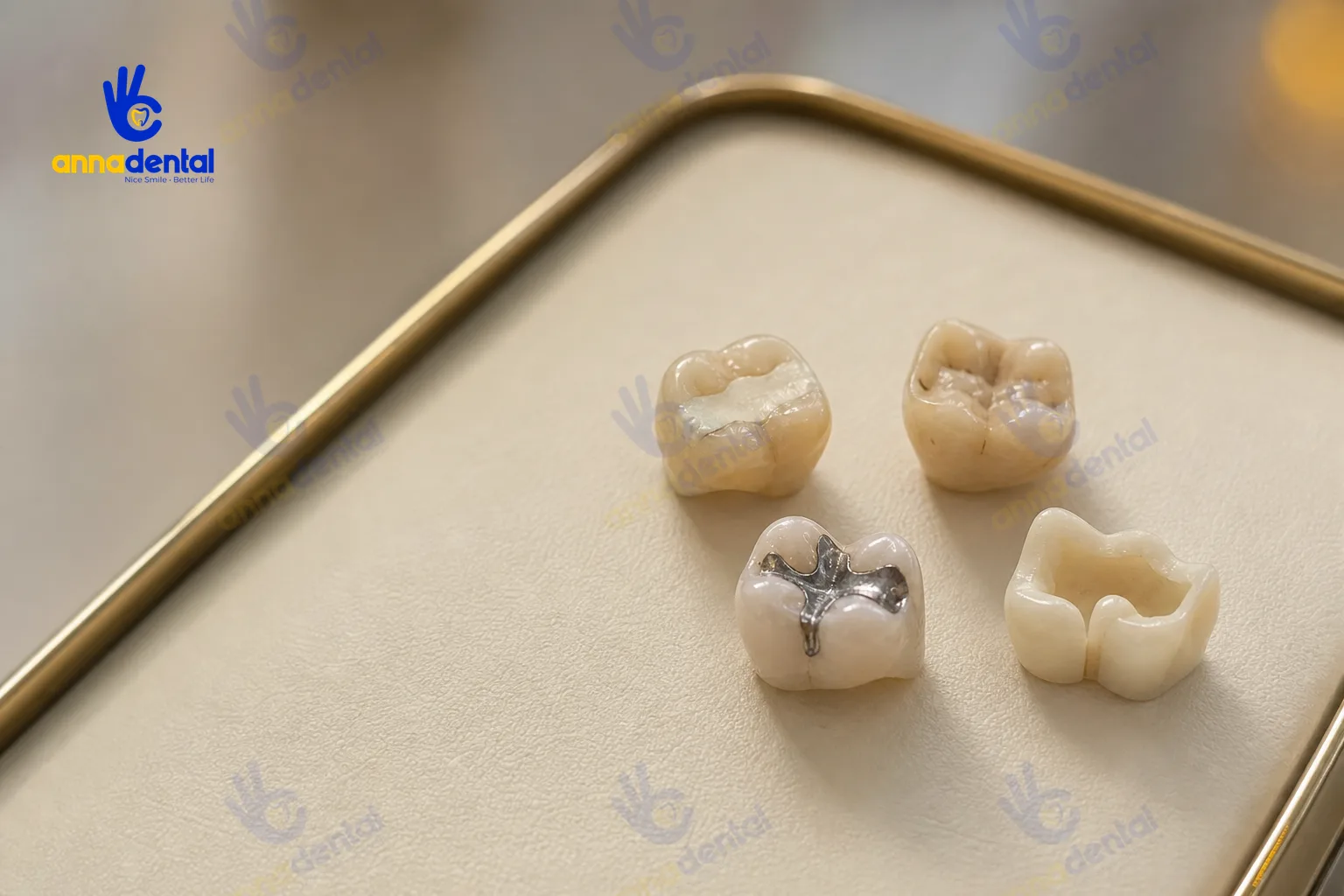 Bốn vật liệu trám răng phổ biến gồm composite, GIC, amalgam và inlay sứ trên khay không nhãn