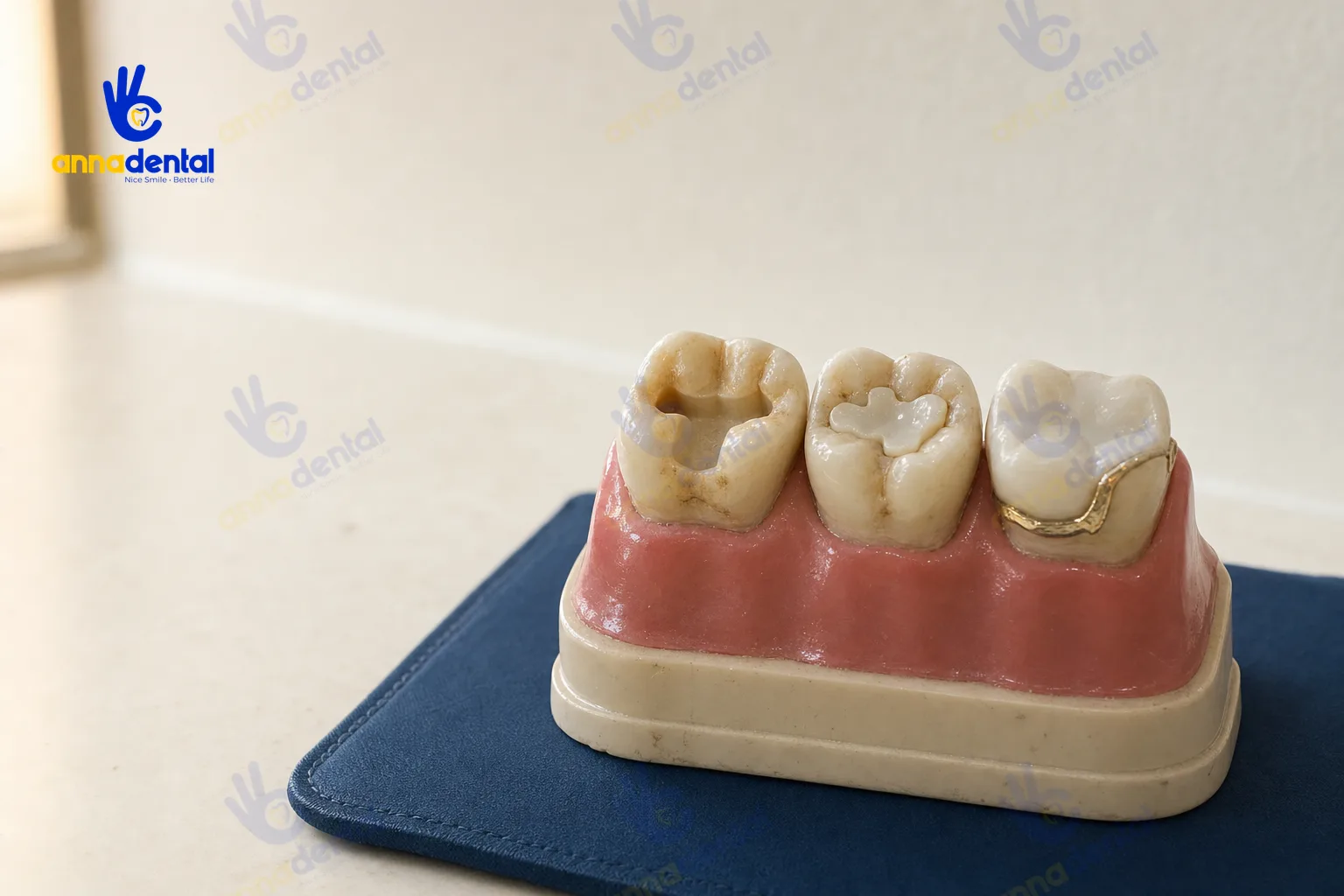 Mô hình răng hàm minh họa vị trí inlay và onlay