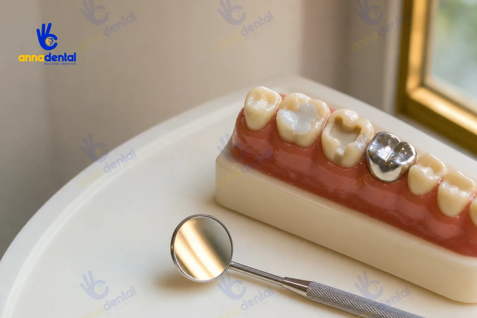 Mô hình răng so sánh trám thường, onlay và mão sứ