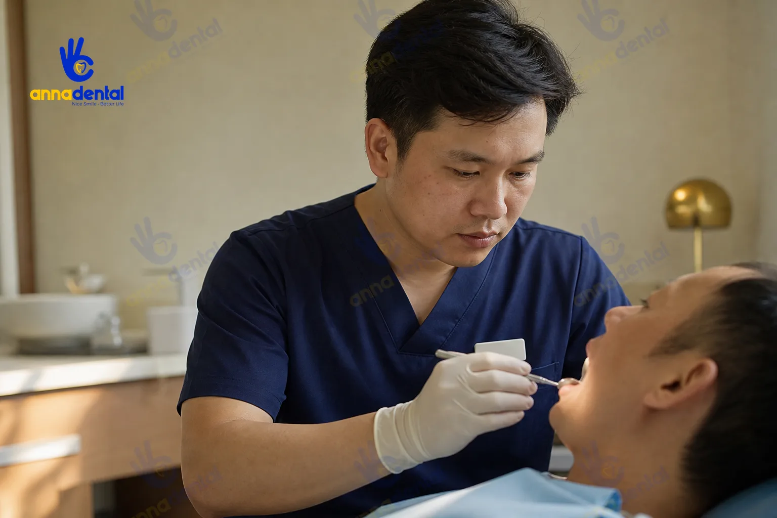 Bác sĩ đang khám răng cho bệnh nhân để xác định mức độ sâu răng