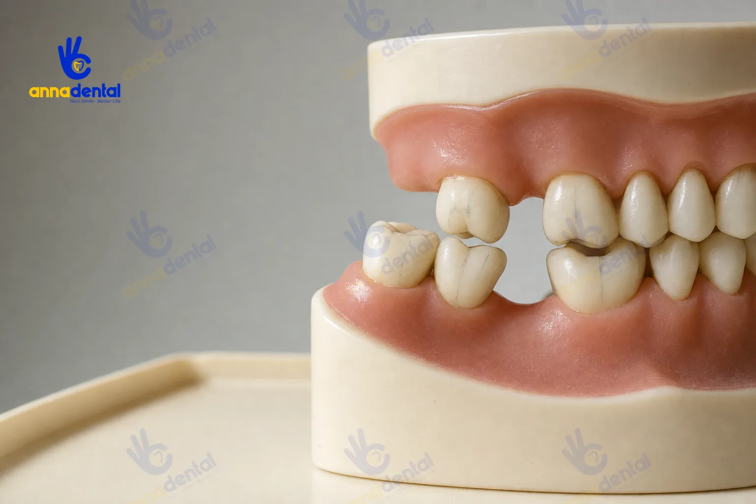 Mô hình cho thấy răng kế cận nghiêng đổ và răng đối diện trồi dài