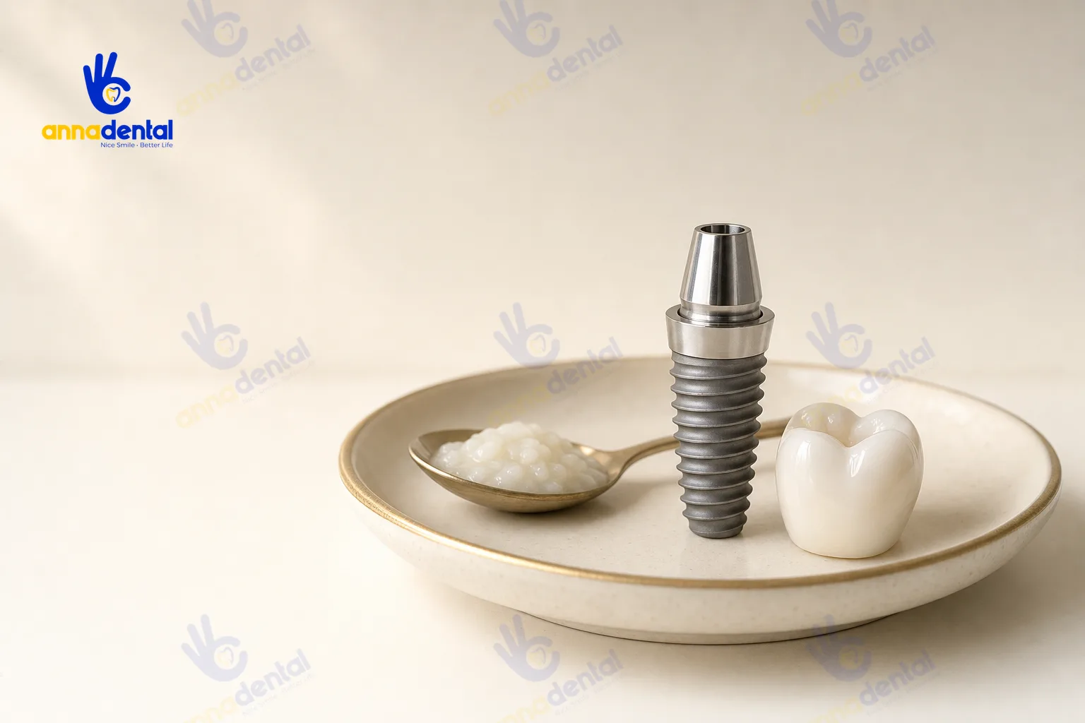 Minh họa trồng răng implant bao lâu thì ăn được bằng trụ và thức ăn mềm