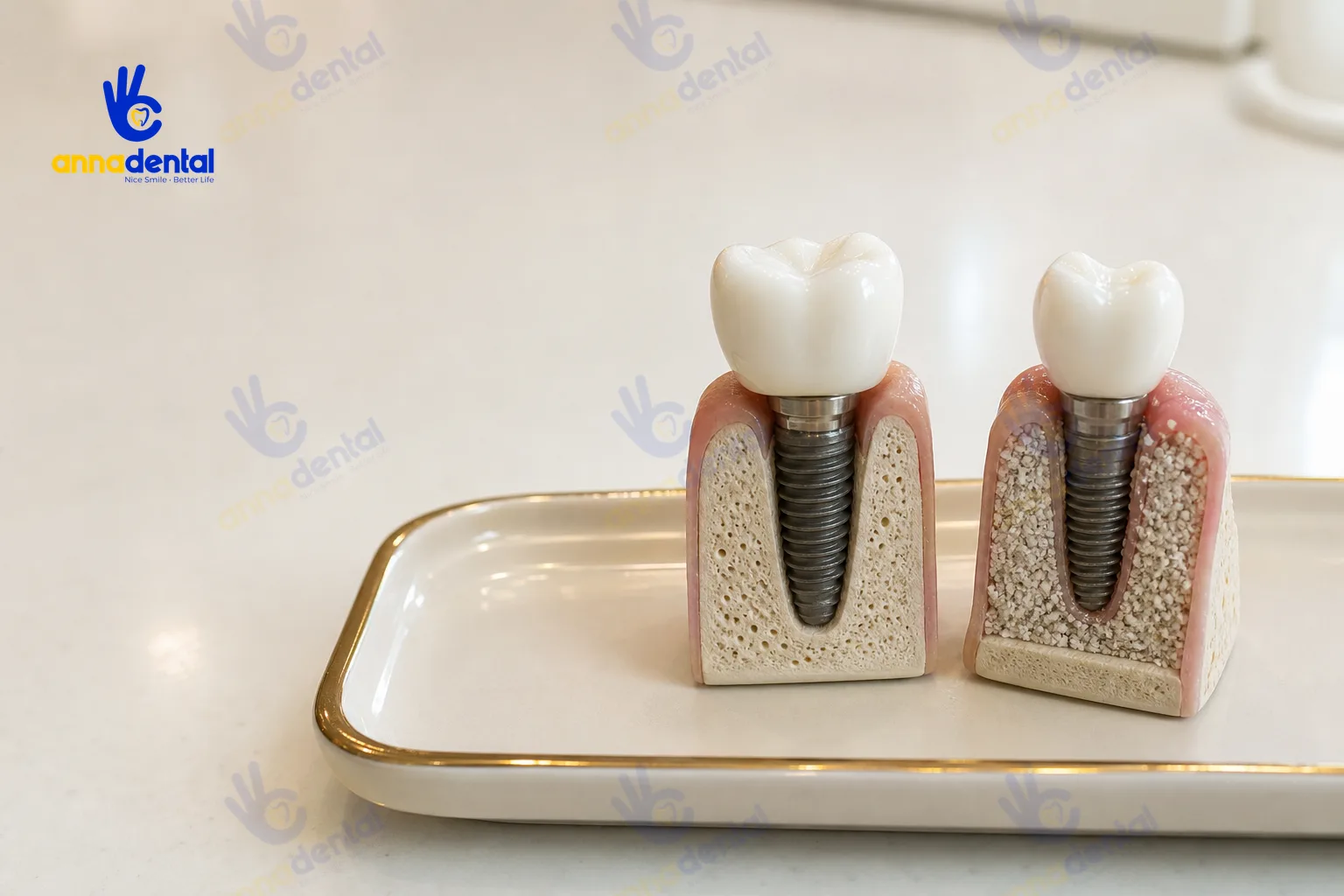 Hai mẫu so sánh trụ Implant đơn giản và có nâng xoang, cấy ghép xương