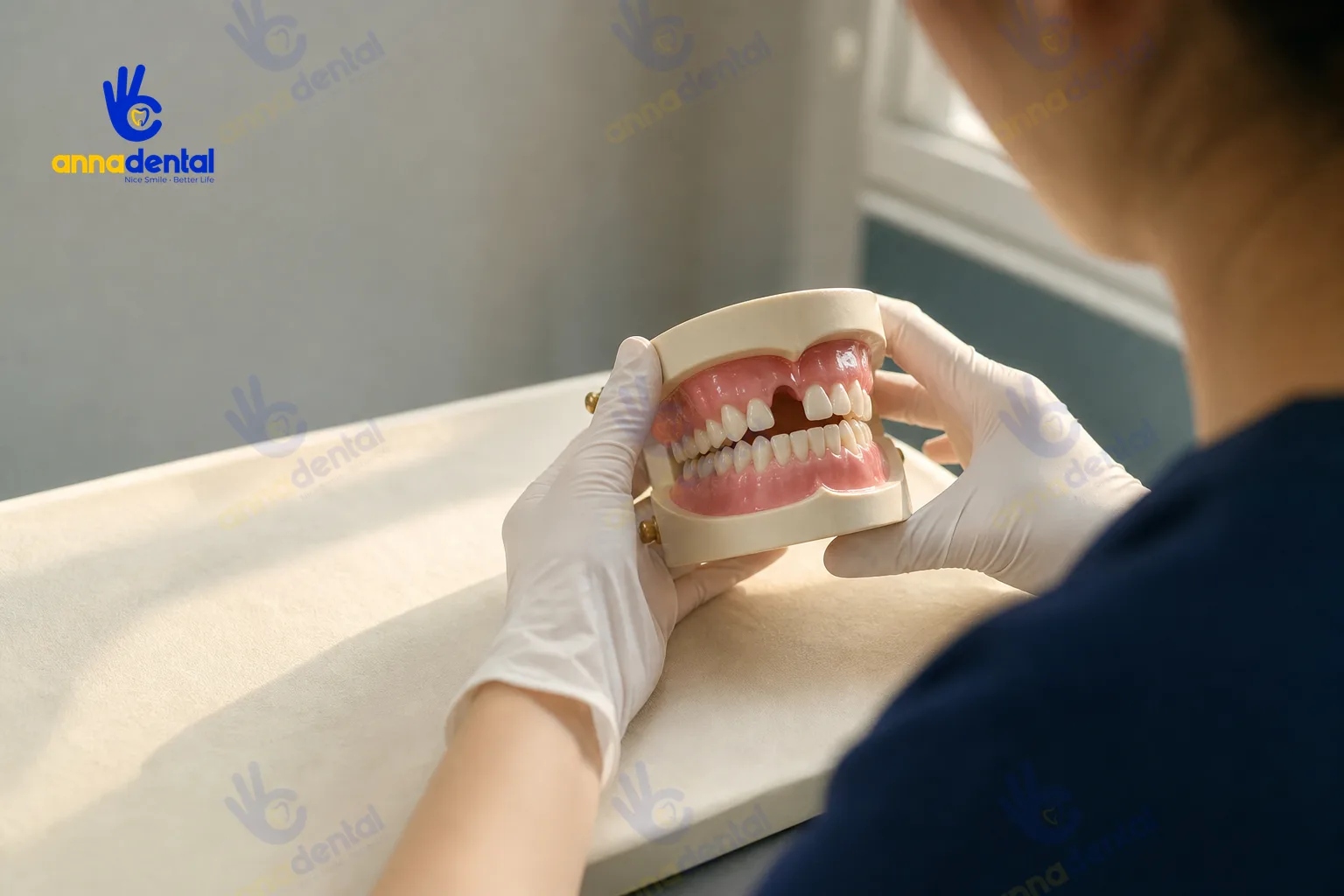 Bàn tay bác sĩ cầm mẫu hàm có hai răng cửa bị mất
