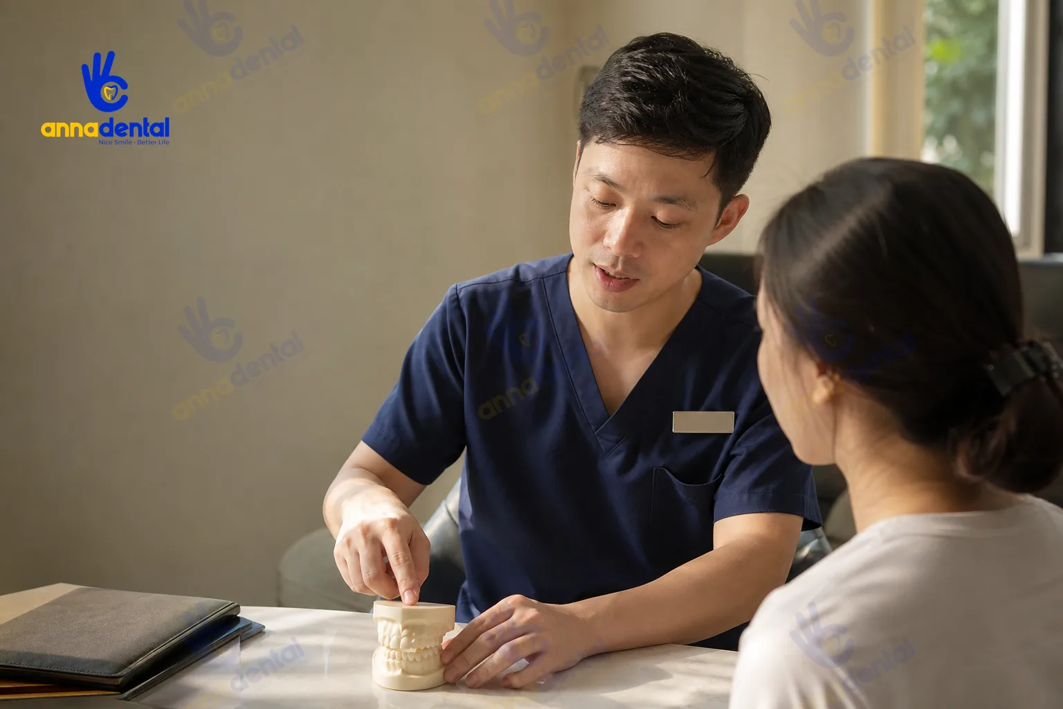 Bác sĩ tư vấn ghép implant cho bệnh nhân qua mô hình mẫu hàm