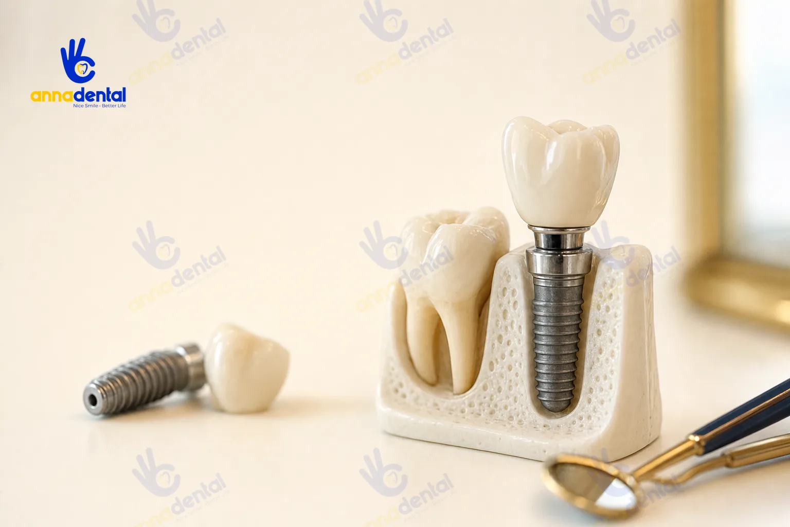 Mô hình minh họa tuổi thọ răng Implant dùng được bao lâu với trụ và mão