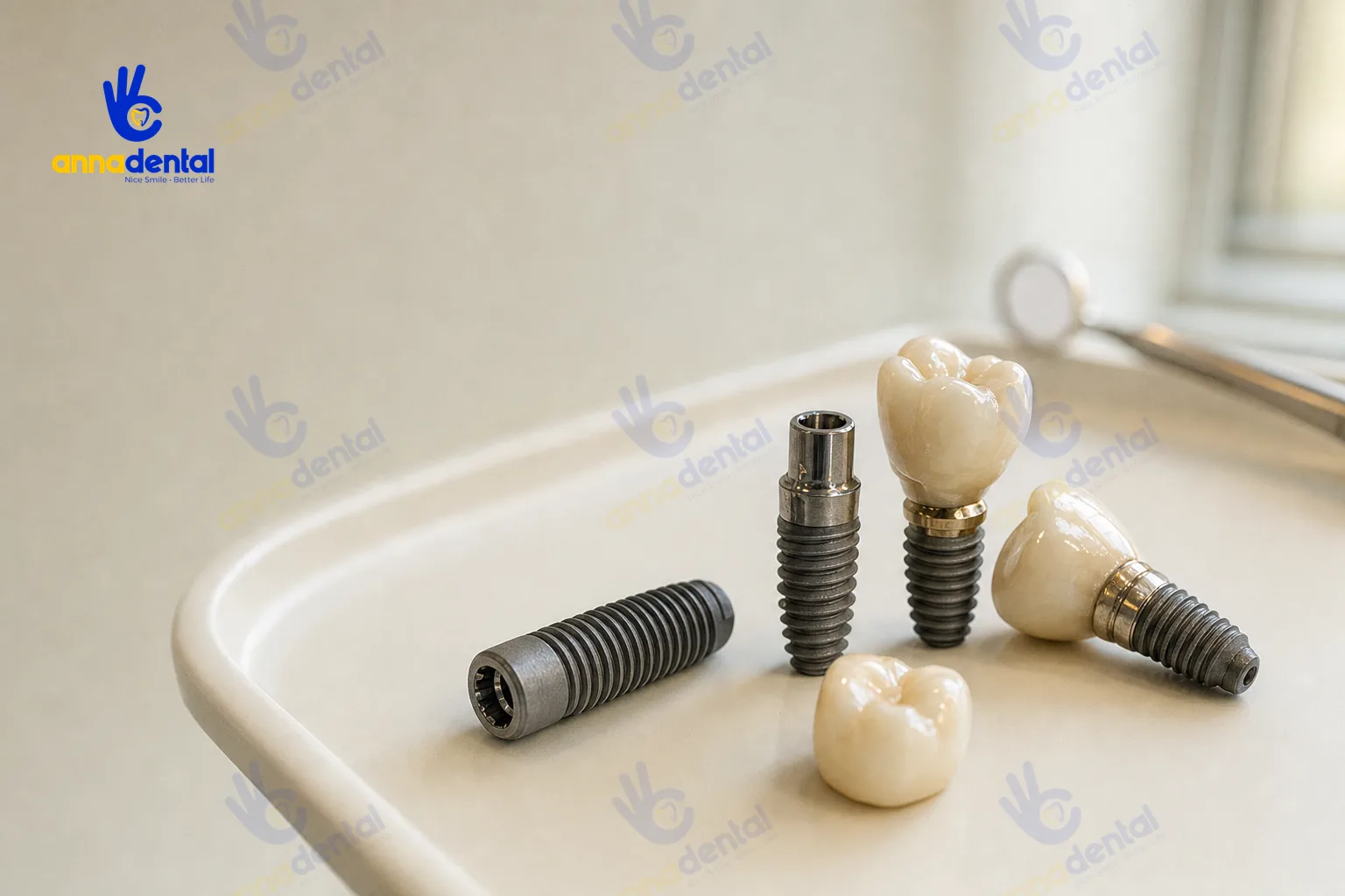 Các trụ implant và mão sứ riêng biệt để minh họa tuổi thọ khác nhau