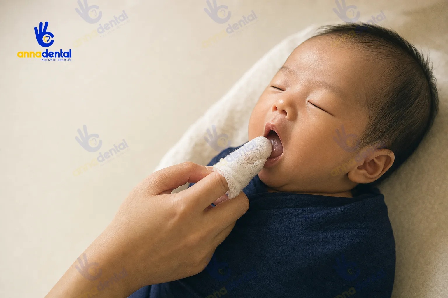 Mẹ dùng gạc rơ nướu nhẹ nhàng để vệ sinh răng miệng cho trẻ sơ sinh