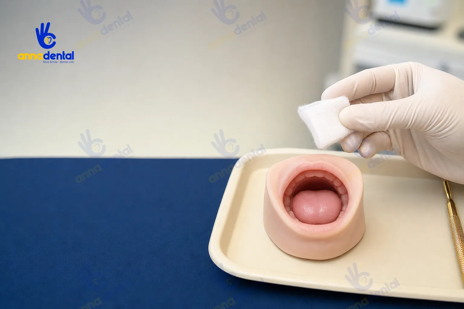 Gạc rơ lưỡi và mô hình miệng trẻ sơ sinh đặt trên khay sạch