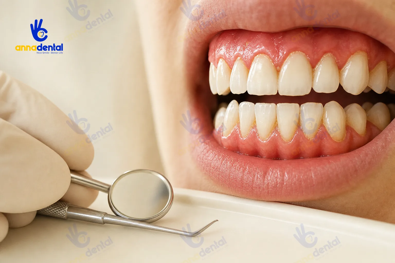 Nha sĩ kiểm tra nướu sưng đỏ và hơi bóng quanh răng