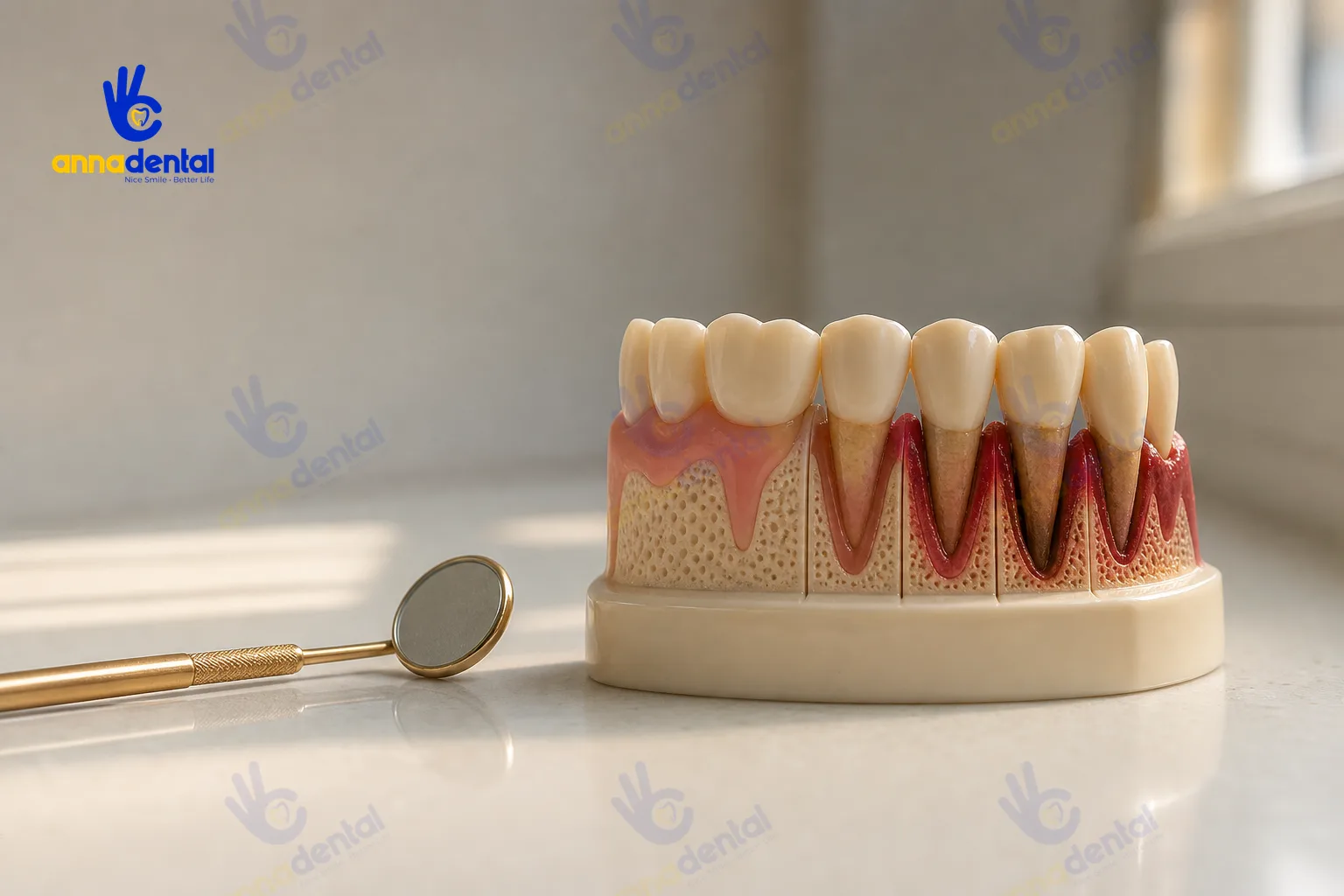 Mô hình giai đoạn tiến triển của bệnh nha chu với màu mô phỏng